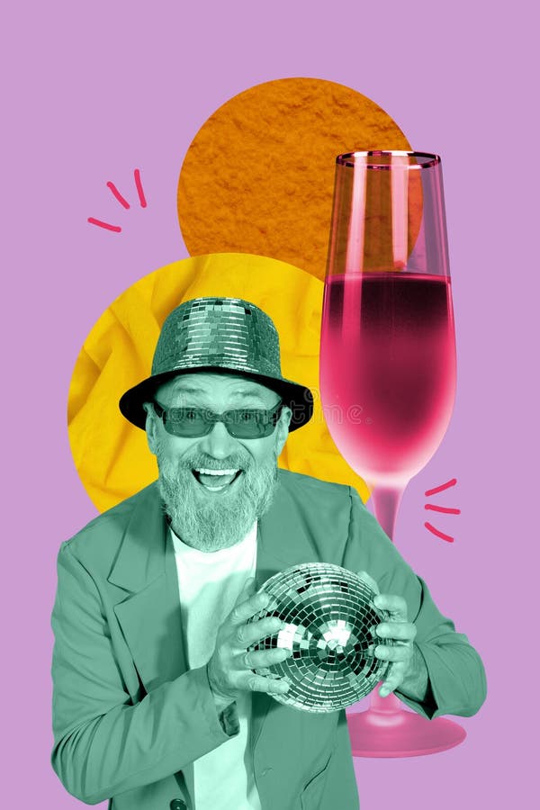 Arte vertical moda creativa collage de alegre viejo vestido glamour sombrero baile disco ocasión fiesta de relajación chill imagen de archivo