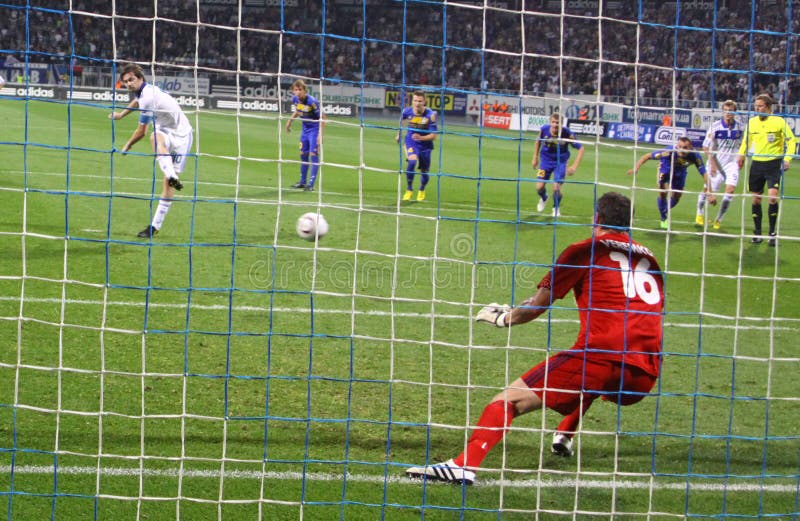 KYIV, UKRAINE - SEPTEMBER 16: Artem Milevskiy of Dynamo Kyiv misses the penalty during UEFA Europa League game against Bate on September 16, 2010 in Kyiv, Ukraine. KYIV, UKRAINE - SEPTEMBER 16: Artem Milevskiy of Dynamo Kyiv misses the penalty during UEFA Europa League game against Bate on September 16, 2010 in Kyiv, Ukraine