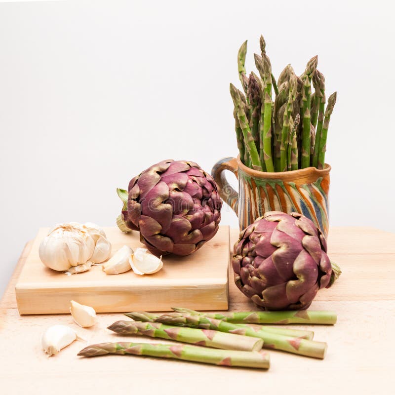 Artichokes, Asparagus Stems and Garlic Stock Image Image of edible