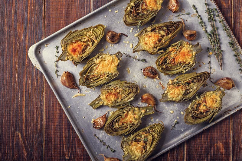 Artichokes Baked with Cheese, Garlic and Thyme. Stock Image Image of