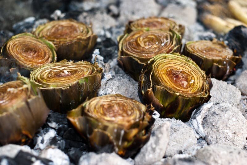 Artichokes on ember BBQ stock image. Image of healthy 40959483