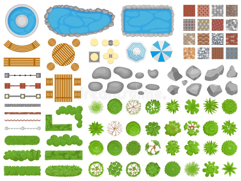 Top view park items. Garden walkway, outdoor relaxing parks furniture and gardens trees aerial. Pool, table and chair or garden relax architectural isolated vector illustration icons set. Top view park items. Garden walkway, outdoor relaxing parks furniture and gardens trees aerial. Pool, table and chair or garden relax architectural isolated vector illustration icons set