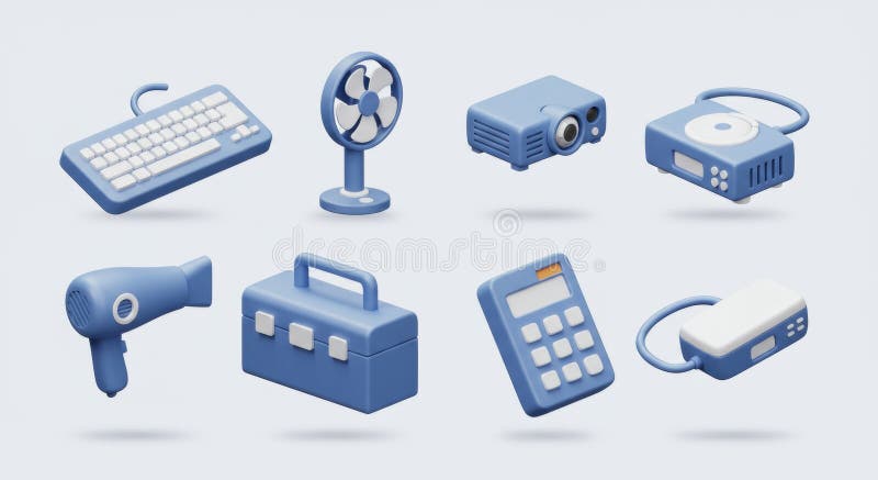 Objets ménagers bleus rendus en 3D illustration stock