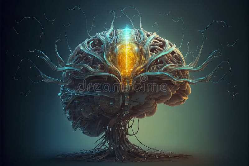 Artificial Brain with Glowing Core and Neural Network Spreading Outwards stock illustration