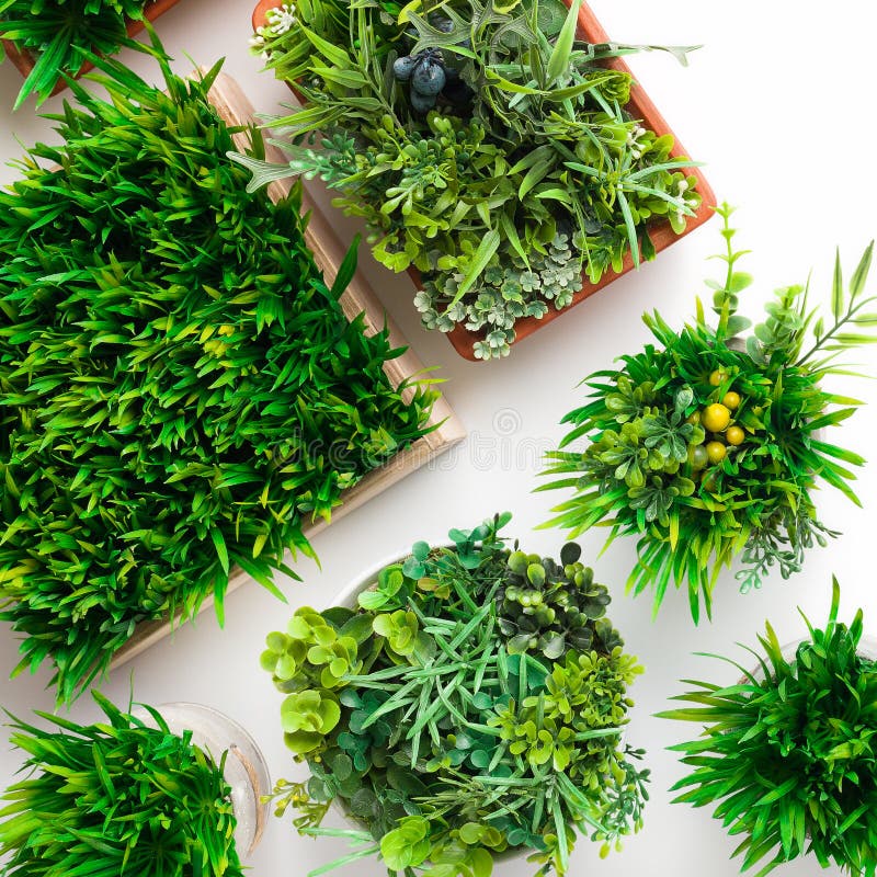 Border of Artificial Plants in Pots on White Background Stock Photo
