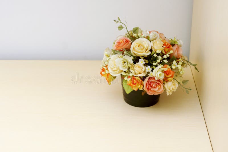 Artificial Flowers on Wood Table Stock Image Image of flowerpot, leaf 71680447