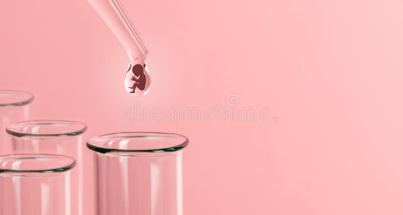 Artificial insemination. Test tube baby, IVF. On the tip of the pipette drop with silhouette of the embryo of the child, dripping