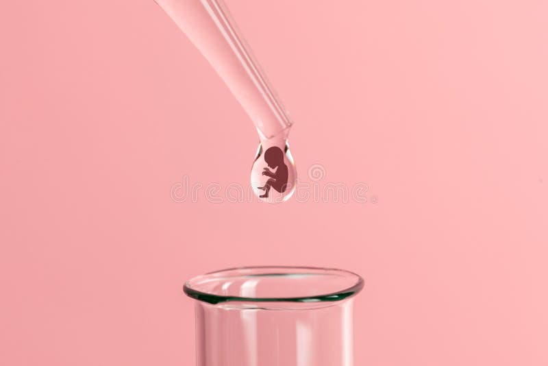 Artificial insemination. Test tube baby, IVF. On the tip of the pipette drop with silhouette of the embryo of the child, dripping