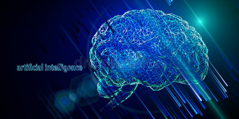Artificial intelligence. Abstract background with wire brain and code in lines. Science and Technology futuristic concept stock illustration Artificial intelligence. Abstract background with wire brain and code in lines. Science and Technology futuristic concept stock illustration