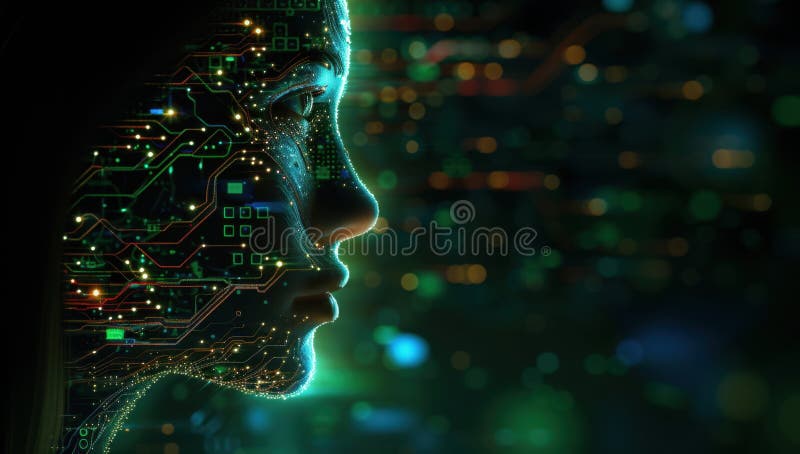 Artificial intelligence, abstract female face with circuit board pattern, futuristic technology, innovation, and digital vector illustration