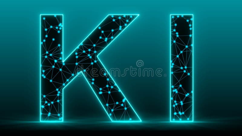 Artificial Intelligence - Abstract image of the lettering KI made of wireframe mesh polygon on gradient background - 3D Illustration