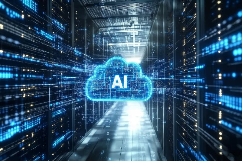 Artificial Intelligence, AI, Cloud Computing Technology With Server Room Data Center Background stock illustration