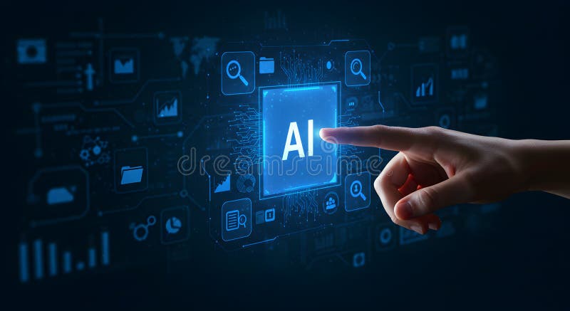 Artificial intelligence ai concept with hand touching screen modern technology interface vector illustration