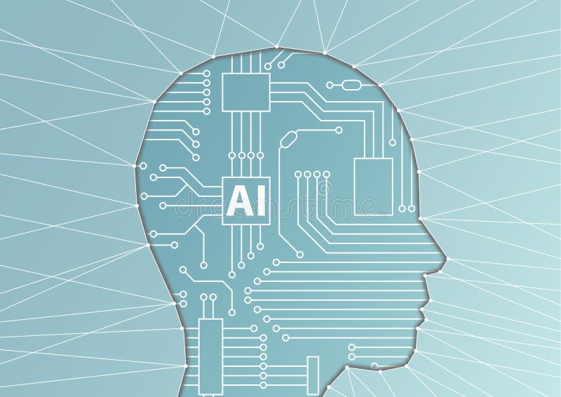 Artificial Intelligence / AI concept. Vector illustration of face silhouette with computer processor as artificial brain stock illustration