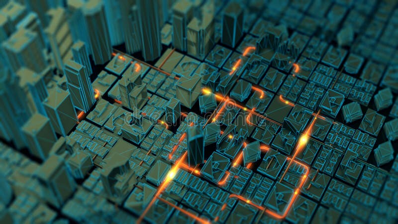 Artificial Intelligence AI data transmission futuristic city engineering abstract technology computer digital network glow wired royalty free illustration