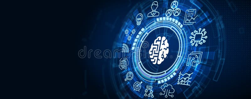 Artificial intelligence AI, machine learning and modern computer technologies concepts. Business, Technology, Internet and stock illustration