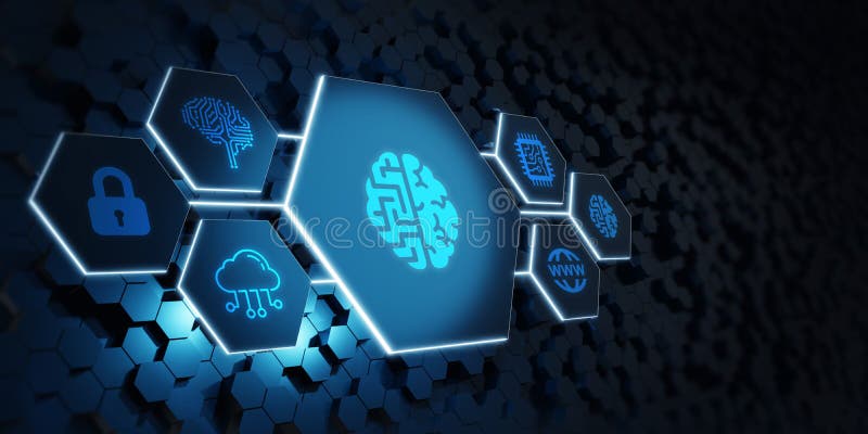 Artificial intelligence AI, machine learning and modern computer technologies concepts. Business, Technology, Internet and stock illustration
