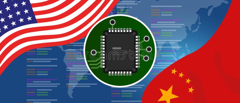 Artificial intelligence AI neuralink chip digital neural engine. China and USA relations concept. Flags on technology vector illustration