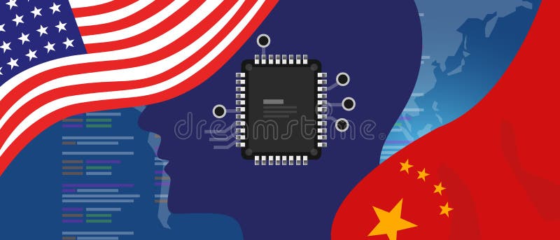 Artificial intelligence AI neuralink chip digital neural engine. China and USA relations concept. Flags on technology stock illustration
