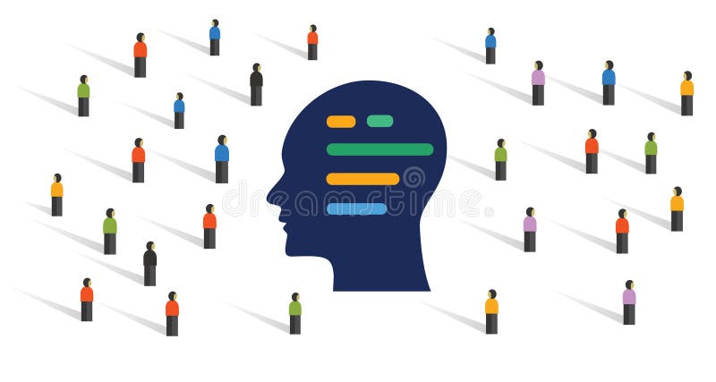 Artificial intelligence AI public crowd response massive implementation head coding stock illustration