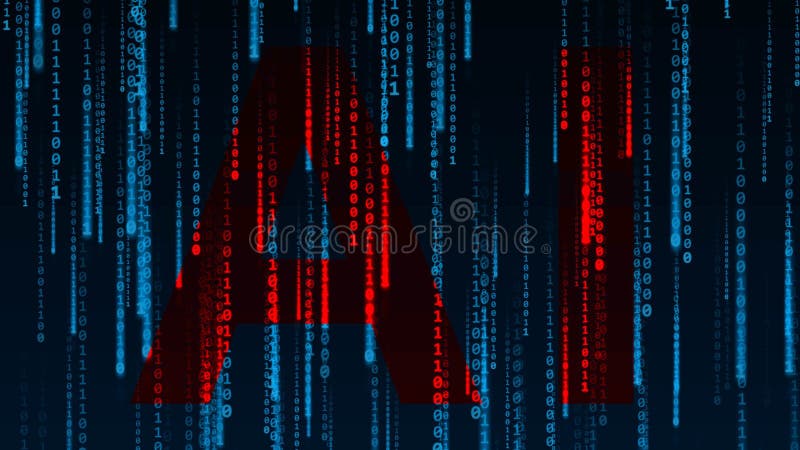 Artificial intelligence - AI in red in blue rain of binary digits on black background royalty free illustration