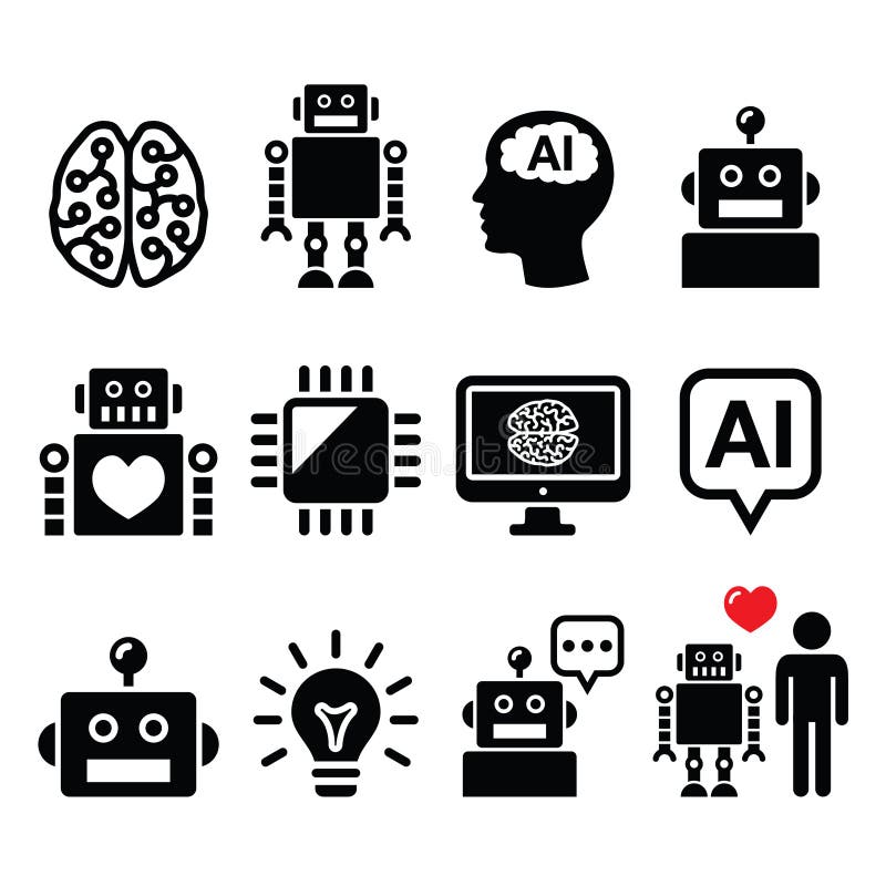 Artificial Intelligence (AI), Robot Icons Set Stock Illustration