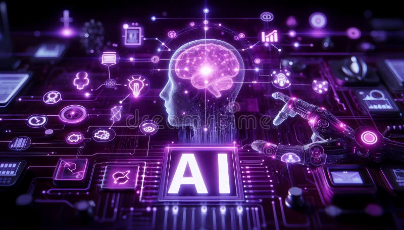 AI, Machine learning, Human hands touch digital screen. Image. stock image.