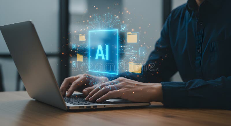 Artificial intelligence ai technology concept business man using laptop for work task automation 100 royalty free illustration