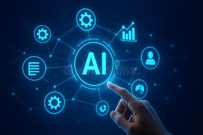 Artificial intelligence ai technology concept with hand touching digital interface screen royalty free illustration