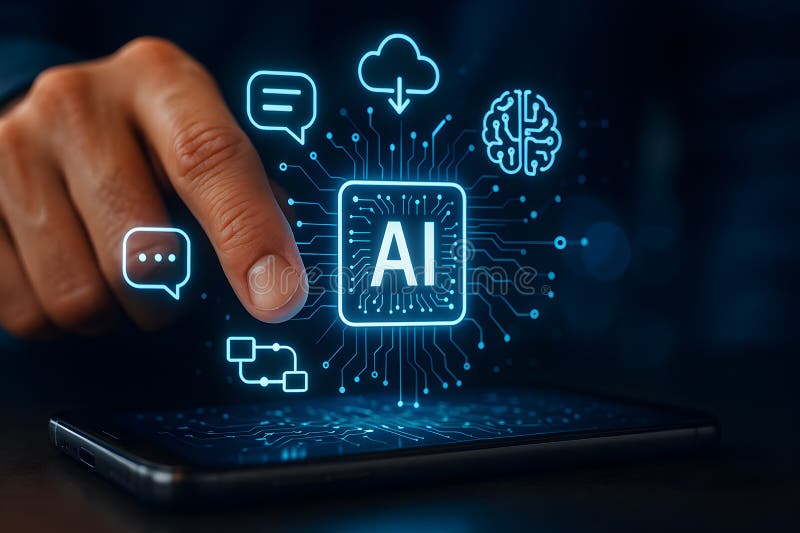 Artificial intelligence ai technology concept with hand touching ai interface on smartphone screen stock illustration