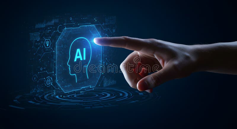 Artificial intelligence ai technology concept with human hand touching ai head interface design stock illustration