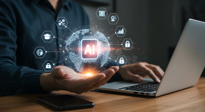 Artificial intelligence ai technology concept with man using laptop for innovation and automation stock illustration