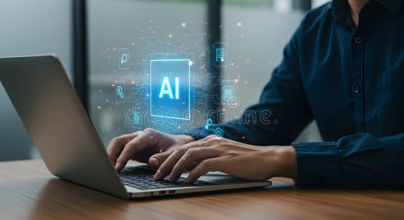 Artificial intelligence ai technology concept man using laptop for innovative solutions future tech vector illustration