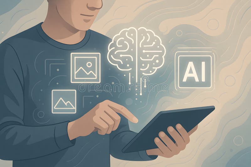 Artificial intelligence ai technology concept man using tablet with brain and image icons display royalty free illustration