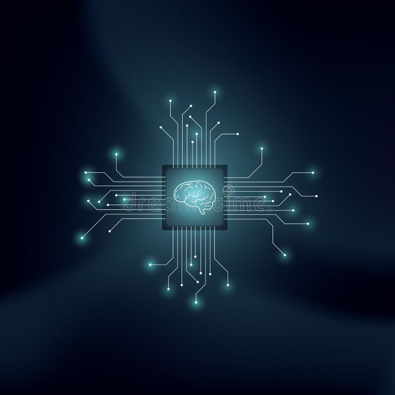 Artificial intelligence or AI vector concept with human brain on technological background. Symbol of machine learning stock illustration