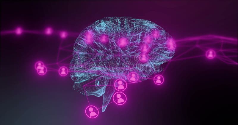 Artificial intelligence animation, digital brain with neural connections and user icons royalty free illustration