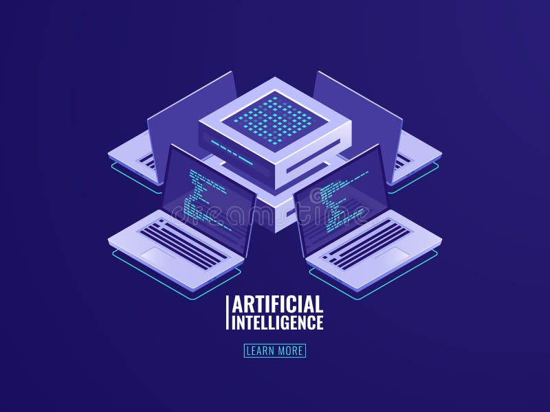 Artificial intelligence automated process of big data processing, server room, computing power, software development vector illustration