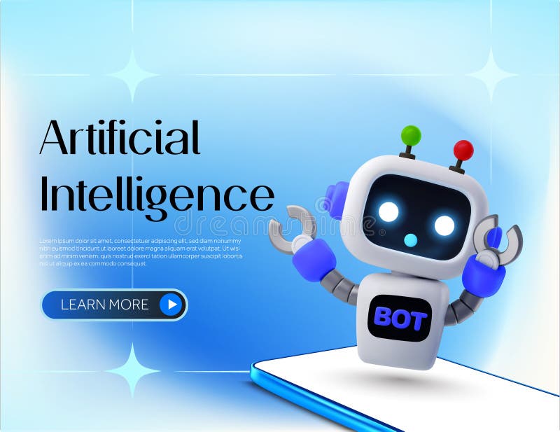 șablon indicator de inteligență artificială cu robot drăguț care plutește pe smartphone. Aterizare serviciu mobil Chatbot-uri pent stock illustration