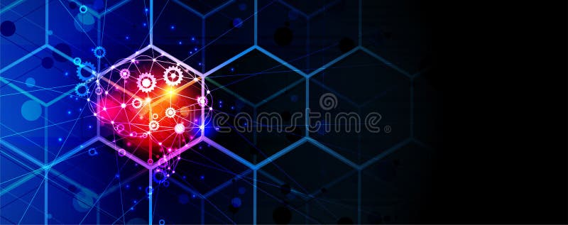 Artificial intelligence brain in cube. Technology web background. Virtual conc vector illustration