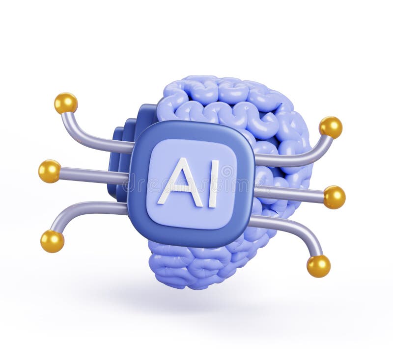 Artificial intelligence brain implant or ai chip icon 3d render. Brain computer interface, mind and machine. Future royalty free illustration