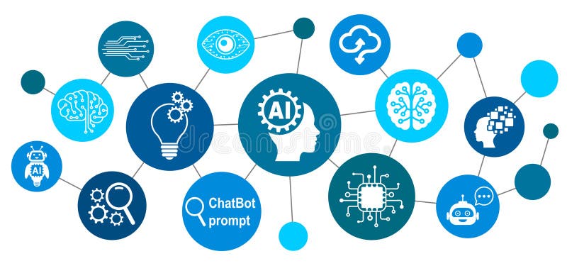 Artificial intelligence chatbot concept with connected chat bot technology set icons, chatting with smart AI technology assistant stock illustration