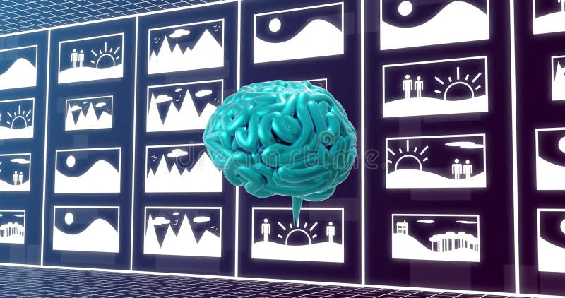 Artificial intelligence concept with digital brain analyzing image data on screens stock images