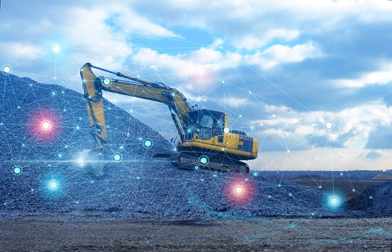 Artificial intelligence controls the excavator without human intervention and transfers data to the cloud systems for storage and. Analysis stock photo Artificial intelligence controls the excavator without human intervention and transfers data to the cloud systems for storage and. Analysis stock photo