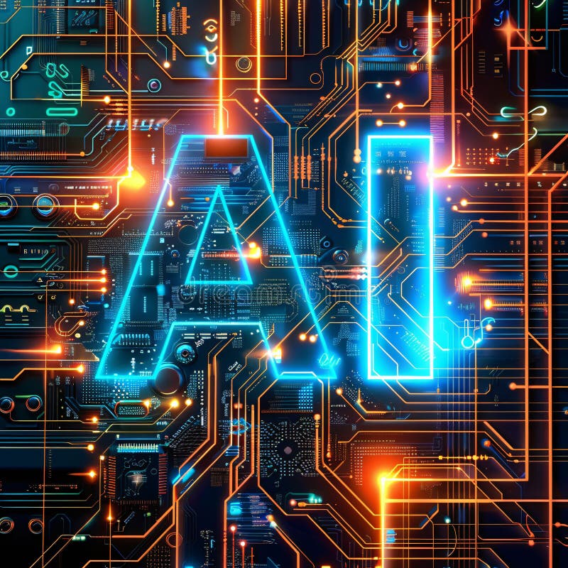 Nucleu de inteligență artificială : text luminos pe placa de circuite vector illustration