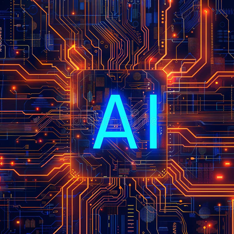 Nucleu de inteligență artificială : text luminos pe placa de circuite royalty free illustration