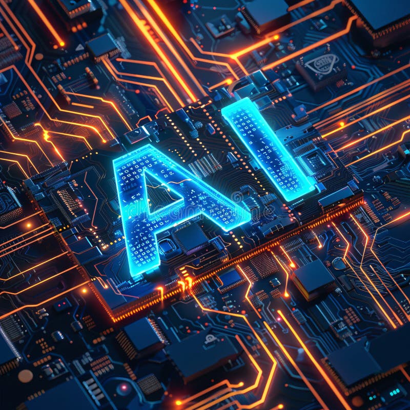 Nucleu de inteligență artificială : text luminos pe placa de circuite stock illustration