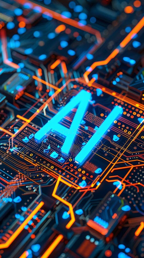 Nucleu de inteligență artificială : text luminos pe placa de circuite vector illustration