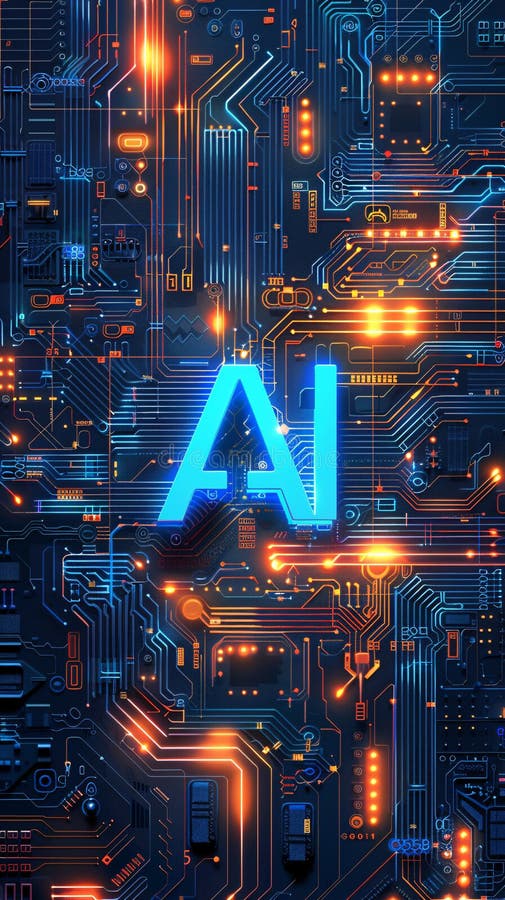 Nucleu de inteligență artificială : text luminos pe placa de circuite stock illustration