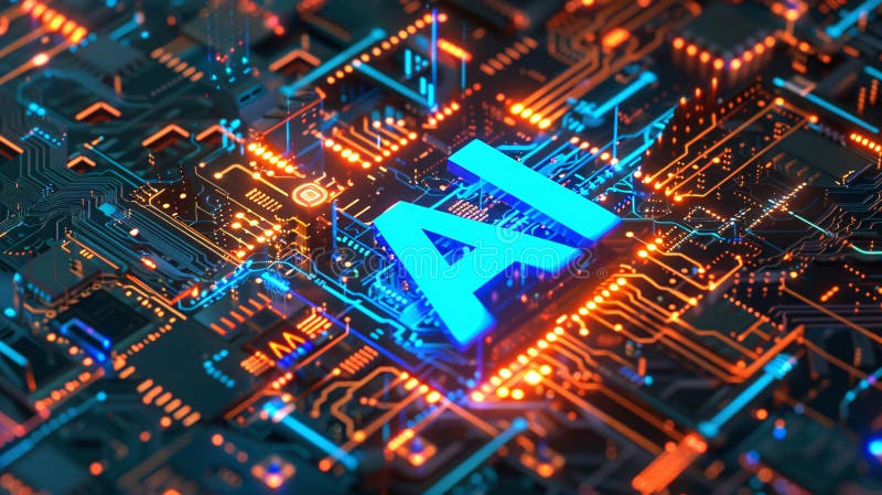 Nucleu de inteligență artificială : text luminos pe placa de circuite stock illustration