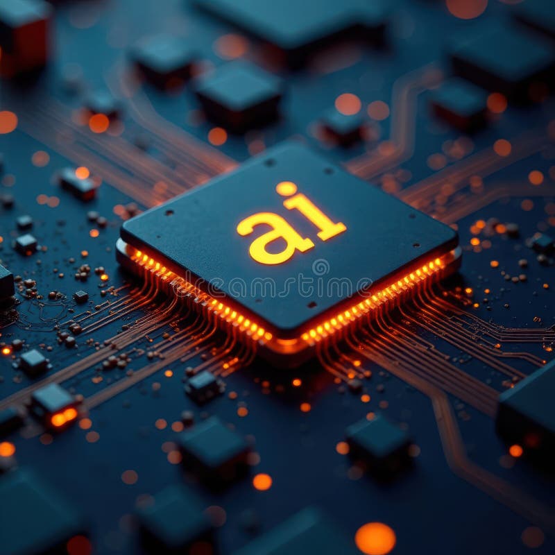Artificial intelligence cpu glowing on motherboard is processing data royalty free stock images